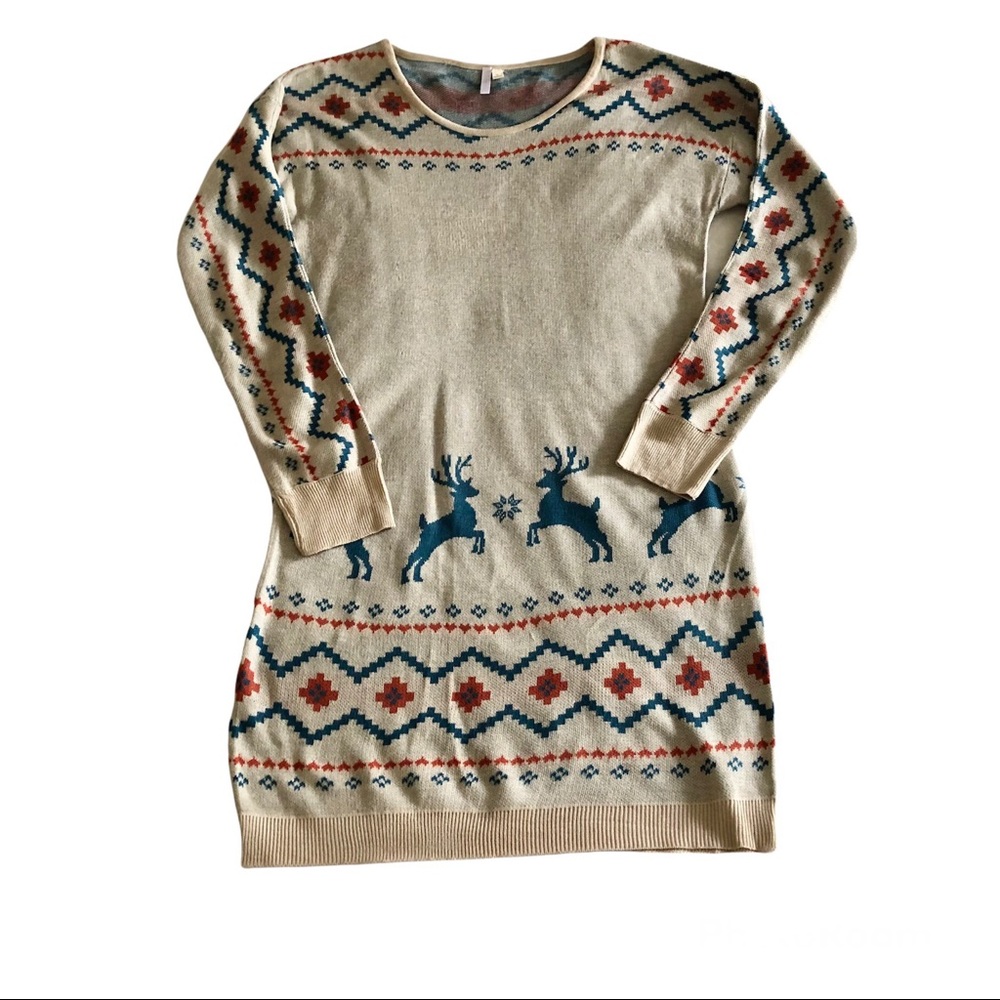Pink Blush Sweater Dress Women’s L Christmas Reindeer Deer Tunic Knit Fairaisle